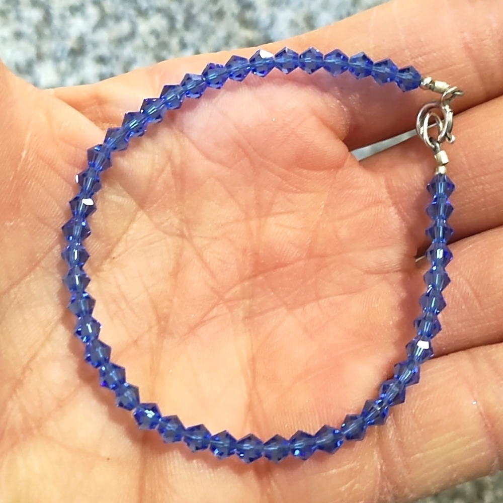 VINTAGE STERLING SILVER .925 SAPPHIRE BICONE CRYSTAL BEADED 7" BRACELET
